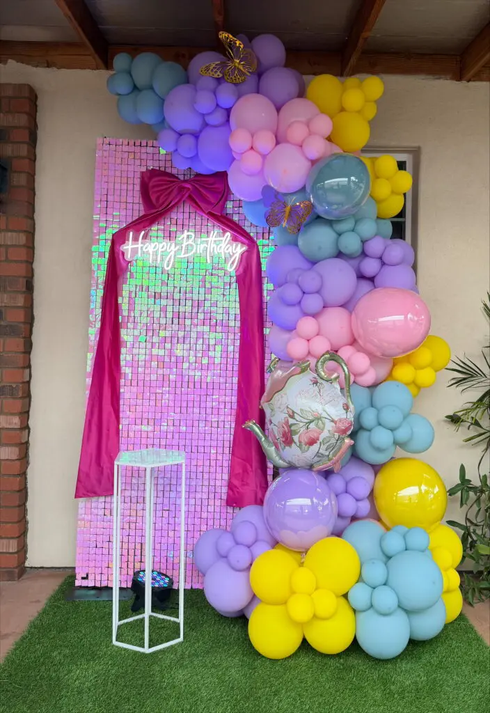 pastel balloons with shimmer wall, LED birthday sign, tea party decor, AZ