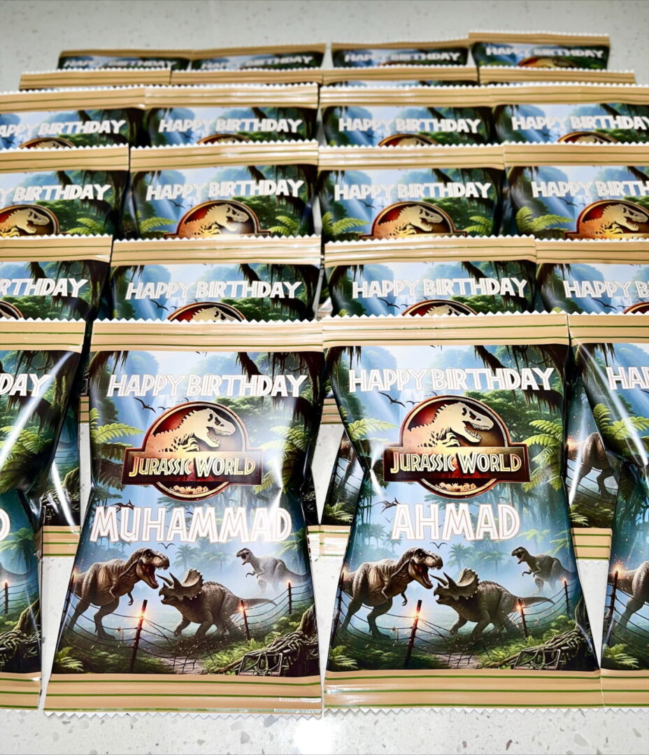 Jurassic Park birthday ideas, chip bags custom, phoenix, Arizona, Gilbert,